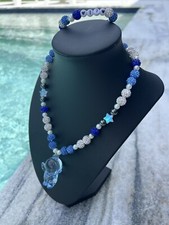 Rhinestone Crystal Iced Disco Ball Beaded Baseball Drip Necklace Blue Astronaut