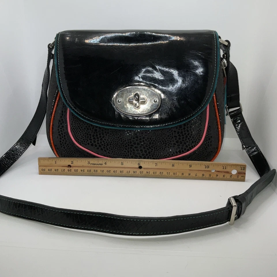 Jackie Smith Black Leather Purse Orange Pink Blue Accents - Image 2 of 4