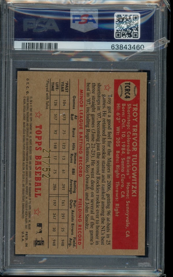 2007 Topps '52 Chrome Troy Tulowitzki Gold Refractor ROOKIE /52 PSA GEM MINT 10 - Image 2 of 2