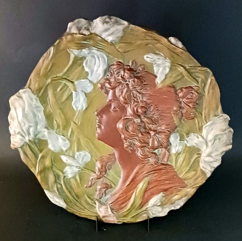 Antique Ernst Wahliss Austria Art Nouveau Pottery Wall Plaque Woman Flowers 13". - Picture 6 of 18