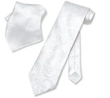 Vesuvio Napoli WHITE PAISLEY NeckTie & Handkerchief Matching Men's Neck Tie Set 
