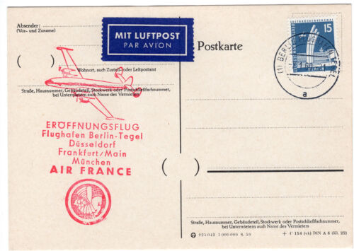 Postal de avión vuelo de apertura aeropuerto de Berlín Tegel Air France 2.1.1960 - Imagen 1 de 2