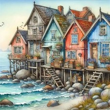 5D Seaside House Diamond Painting Kits for Adults Beginner,DIY Diamond Art Kits