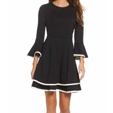 Eliza J Black Bell Sleeve Contrast Trim Knit Fit and Flare Dress Size 4P Small