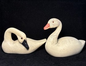 Vintage Hand Carved Wooden Swan & Goose Figurines Folk Art Waterfowl Pair