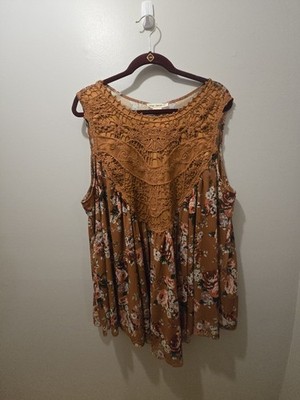 Indigo Thread Co.  Womens Brown and Floral Babydoll Top SZ 3X Crochet