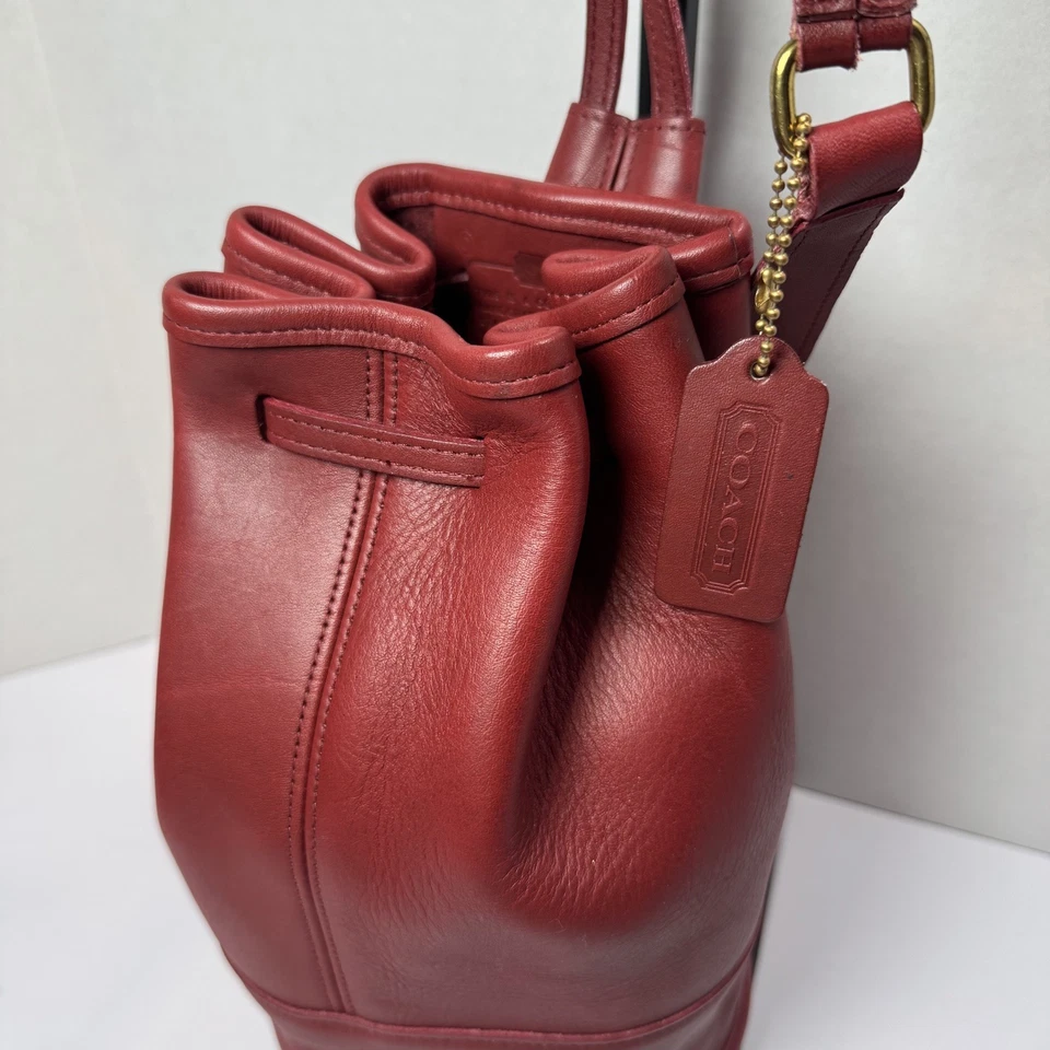 COACH Vintage Bixby Sling Shoulder Bag #B6D-9984 Red Leather Drawstring Barrel - Image 3 of 4