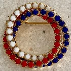 Vintage Patriotic Red White Blue Rhinestone Milk Glas Intertwined Circles Brooch