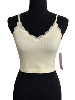 Wild Fable Womens Off-White Seamless Ribbed Lace Trim Cropped Camisole Top Small