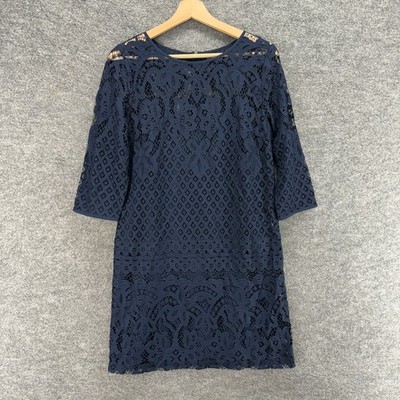 Loft Dress Women 8 Blue Geometric Crochet Shift Midi Zipper Long Sleeve  Cotton | eBay