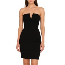 Bebe Black Strapless Split V Neck Mini Dress Sz 6 LBD Cocktail Boning