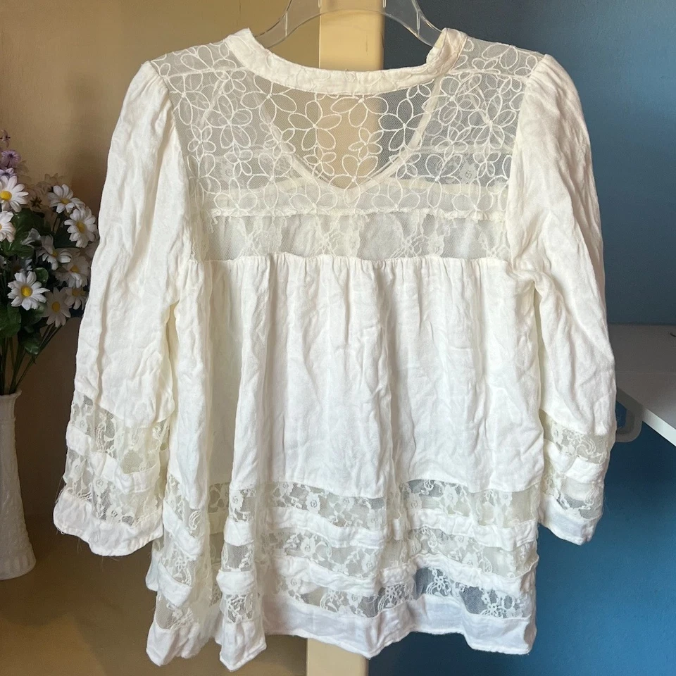 Y2K Ivory Floral Lace Sheer Peasant Blouse Small Romantic Boho Fairy Festival - Image 2 of 4
