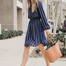 Ann Taylor Striped Dress Long Sleeve Women Sz 2 Green & Dark Purple Flowy EUC