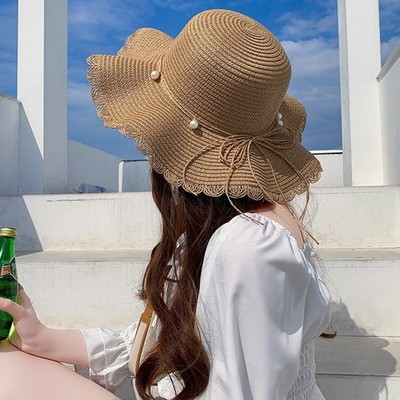 Für Damen Sommer Strandhut breite Krempe Stroh mit Schleife Papyrus Material