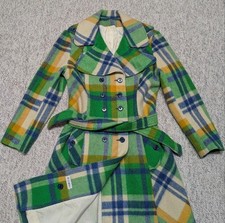 vintage 1960s double breasted MOD belted overcoat S green PLAID hudson bay GOGO