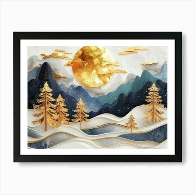 3d Modern Art Landscape Moon, Golde Framed Wall Art Poster Canvas Print Picture