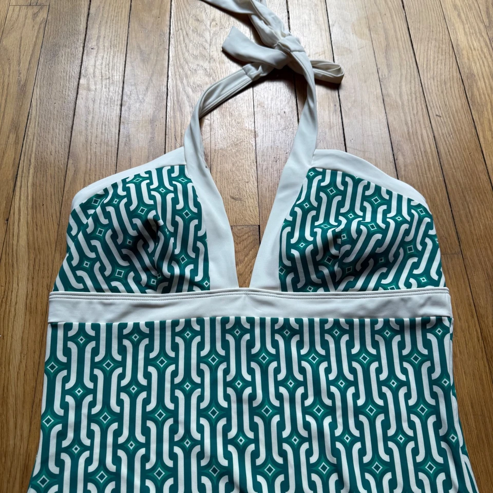Traje de baño Boden talla 14L verde y blanco geométrico cuello halter de una pieza Foto 3 de 4