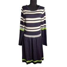 Vince Camuto Size L Dress Womens Knit Sweater Striped Navy Green Long Sleeve