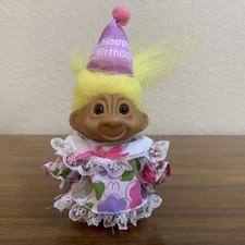 Russ Troll Doll Happy Birthday Yellow Hair Brown Eyes Vintage 1990's Dress