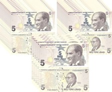 Turkey 5 Lira 2009 P 222 Mixed Prefix & Year UNC LOT 25 PCS 1/4 BUNDLE NR