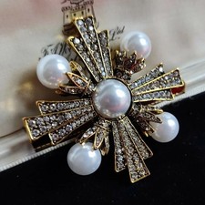 Vintage Baroque Style Pearl & Crystal Maltese Cross Gold Tone Brooch Pin
