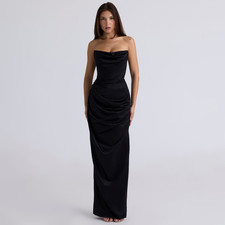 House of CB Adrienne Black Satin Strapless Corset Maxi Dress Formal Sexy Size L