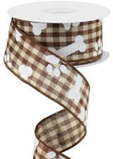 1.5" Brown Cream Gingham Check Wired Ribbon Dog Bones & Paw Prints Paws by Yard