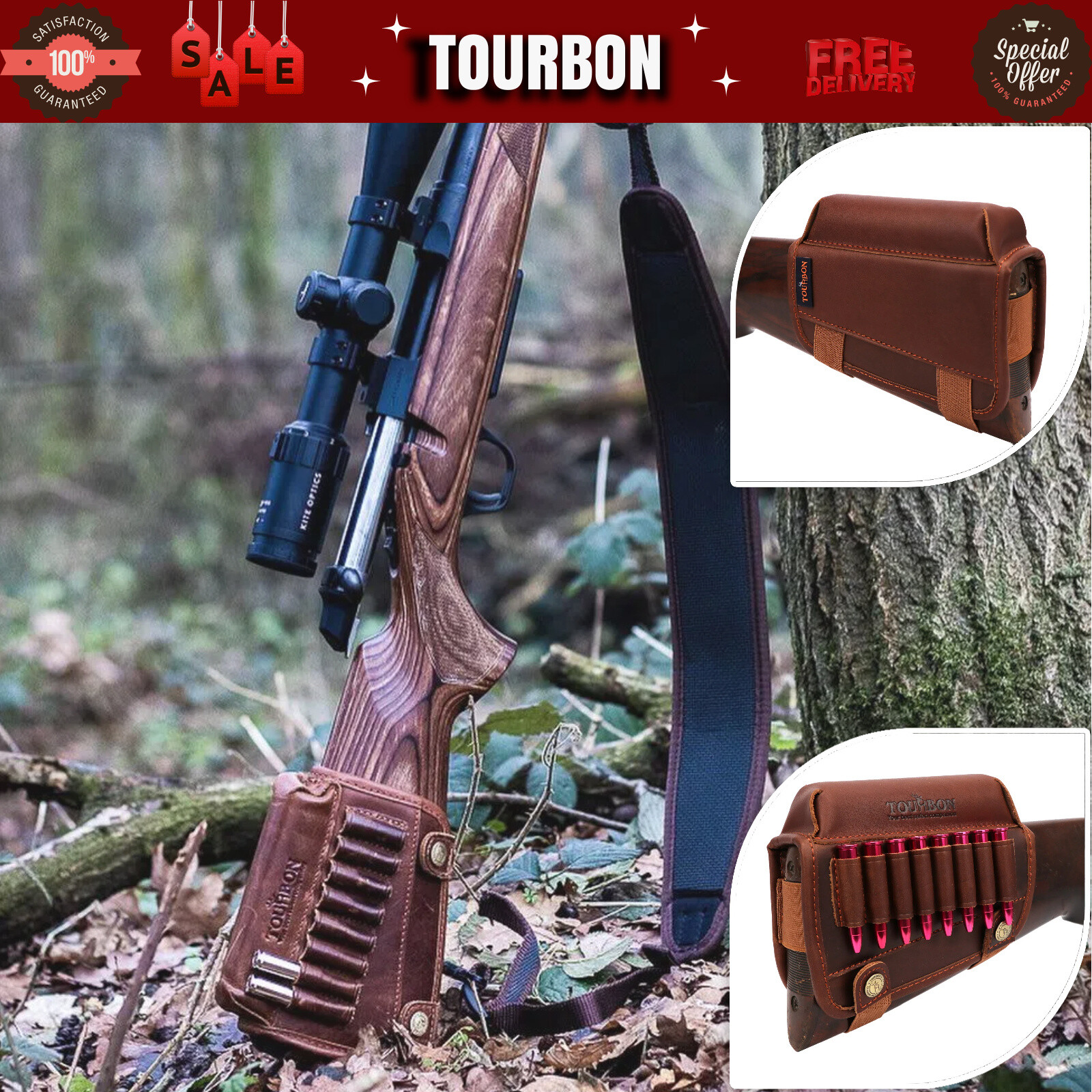 TOURBON Leather Buttstock Cheek Riser Rest 308Win Rifle Ammo Shells Holder