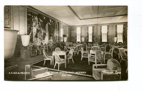 Cartolina d'epoca LINEA FRANCESE nave da crociera SS ILE DE FRANCE salone misto 1° classe  - Foto 1 di 2