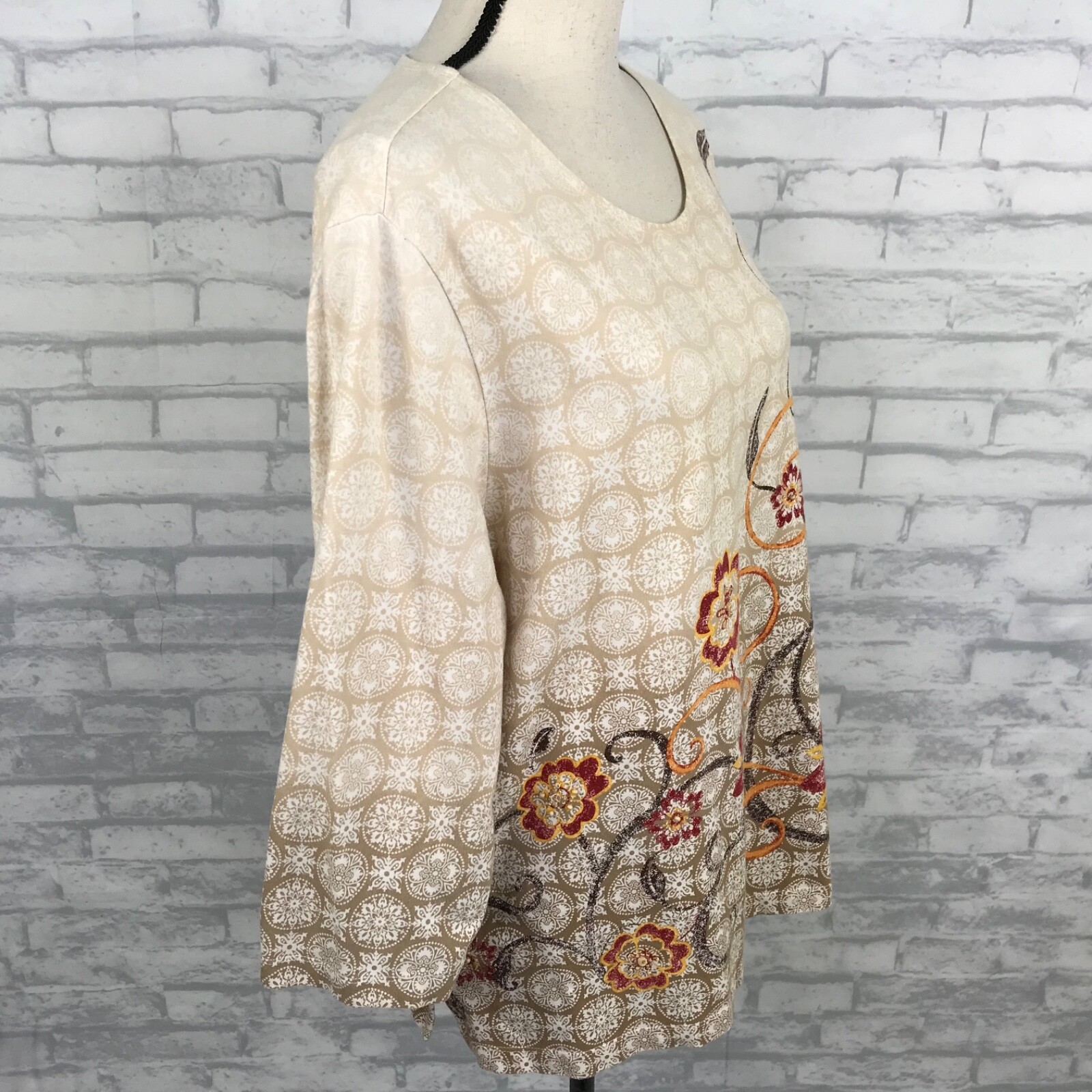 Alfred Dunner Floral Top Shirt Size XL Embellished/Beaded 3/4 Sleeve Knit Cotton