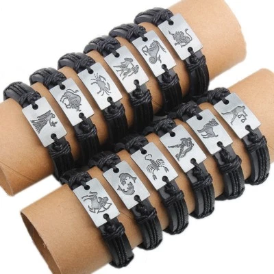 Bracelet Homme/Femme Signe Zodiaque Astrologique Acier Inoxydable Cuir - Photo 1/4