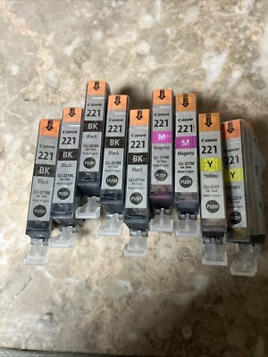 Canon 221 CLI-221BK, CLI-221M, CLI-22-Y LOT OF 9 Cartridges New Sealed