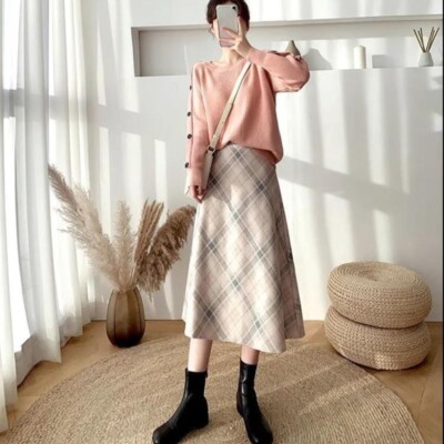 Lady Midi Plaid Skirt A-line High Waist Casual Office Work Banquet