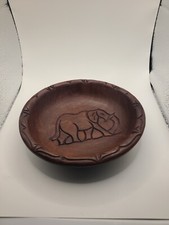 Wood elephant hand carved bowl w other animals. Rhino on back. Vintage hard...