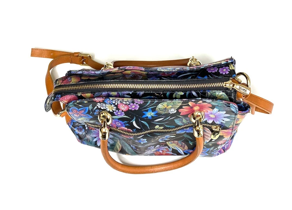 Bolso Bandolera VALENTINA Italia Negro Marrón Estampado Floral Cuero Asa Superior Foto 4 de 4