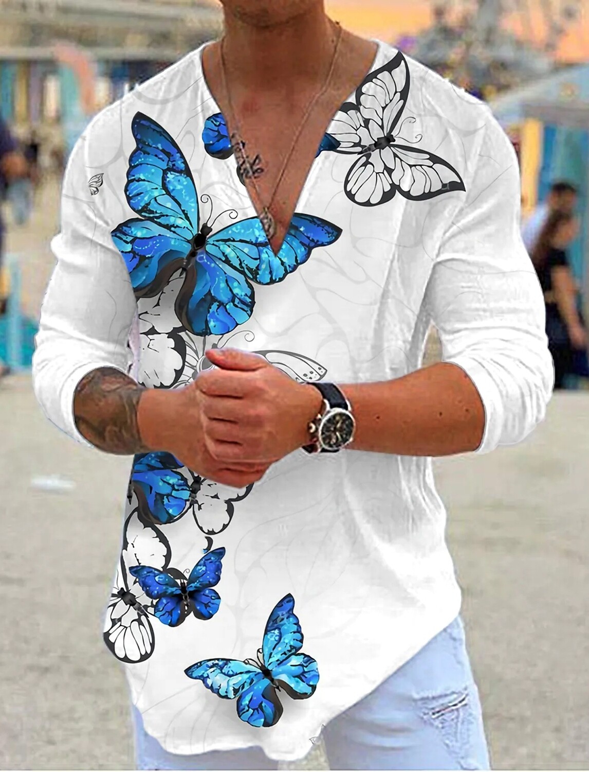 Camisetas Manga Larga Hombre Cuello V Mariposa Azul Talla Estadounidense Blanca