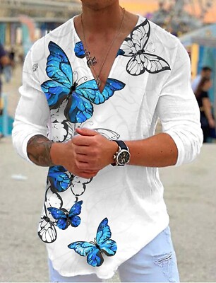 Camisetas Manga Larga Hombre Cuello V Mariposa Azul Talla Estadounidense Blanca