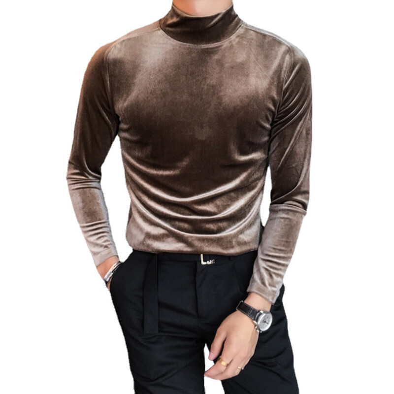 Men Velvet T-shirt Long Sleeve Turtle High Neck Stretch Slim Top