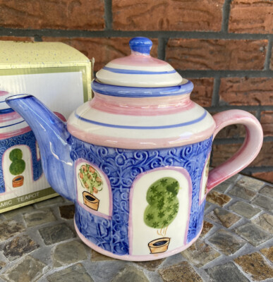 Pink Blue Ceramic Teapot Tea Pot World Bazaars Garden Plants Kettle Server NIB