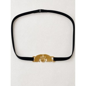 Vintage Twee Coquette Goth Black Stretch Belt Gold Filled Two Cat Vintage Black and Gold Wide Eyelet Weave Belt With Center  main image 3
