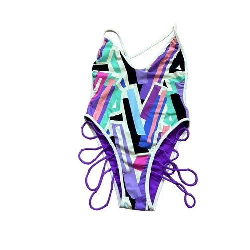 Bain De Minuit One Piece Swimsuit Purple Geometric High Leg Strappy S - Picture 3 of 6