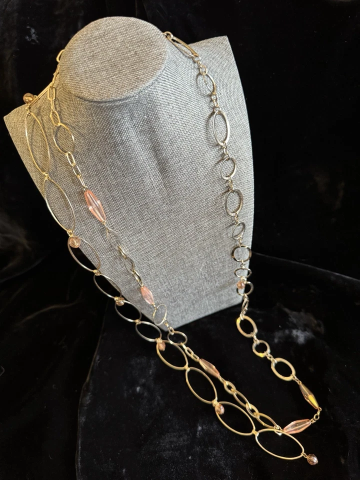 Collar Cookie Lee Doble Hilo Rosa Cuentas Tono Dorado Capas Largo Círculo Ovalado Foto 2 de 4