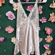 Women  s Beige Solid Satin Full Slip Chemise with Lace Accents, Spaghetti, XL