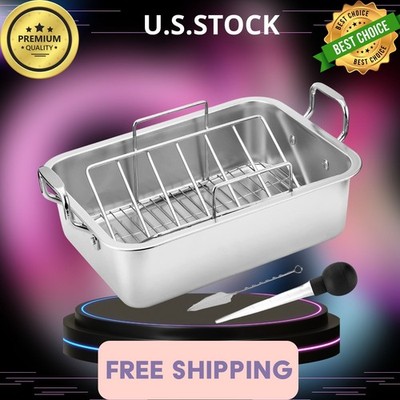 15'' Stainless Steel Roasting Pan with V-Shaped Rack for Turkey, Chicken, Ham