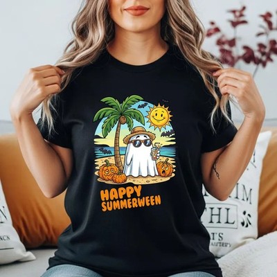 Happy Summerween T-Shirt Cute Beach Ghost Pumpkin Halloween In July Shirt
