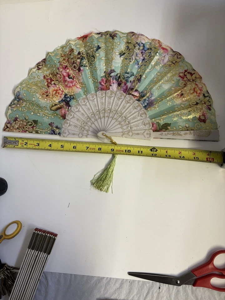 Folding Hand Fan Plastic Frame Floral Pattern Gold Accents - Image 4 of 4