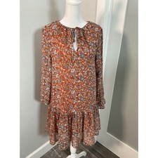 MNG Mango Rust Orange Floral Ruffle Mini Dress Size S