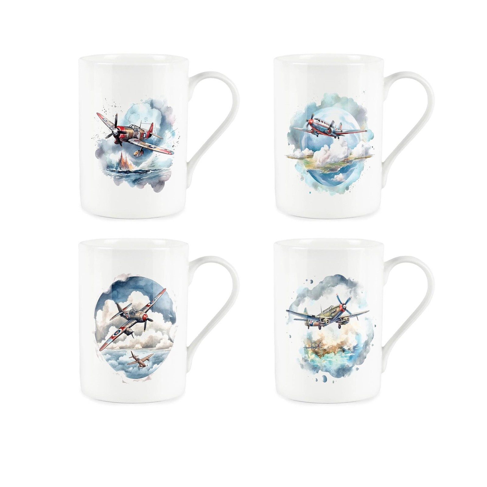 Vintage Planes Mugs - Bone China WW2 Fighter Jets Tea/Coffee Gift Set of 4