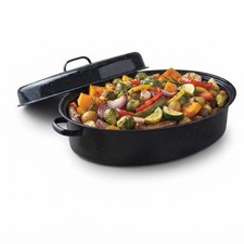 Compact Enamel Roaster with Lid 13"– Black Speckled Enameled Oval Roasting Pan,