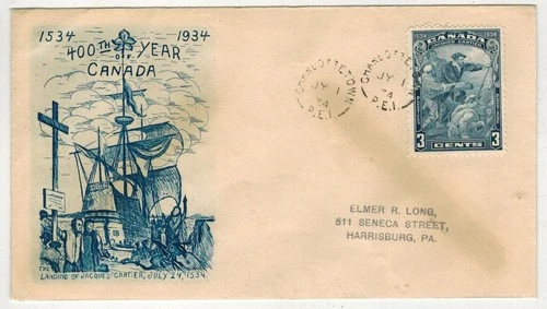 EARLY GRIMSLAND 1934 CANADA FDC #208 JACQUES CARTIER CANADA 400th YEAR